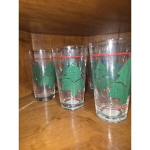 Set Of 6 VTG. MCM. Libby 12 Oz. Painted Christmas Tree With Bubbles.  Gold Rim